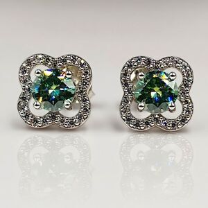 Certified 1CT Blue Green Moissanite Four-Leaf Halo Cluster Stud Earrings